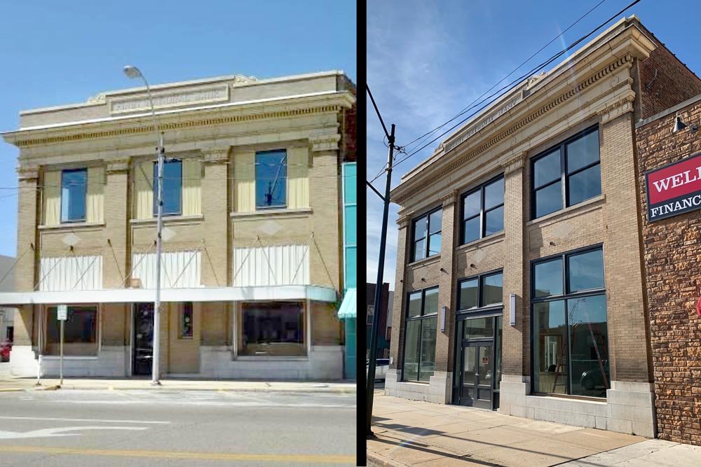 BEFORE AND AFTER: The First National Bank building circa 2013, left, is ready for office tenants today.